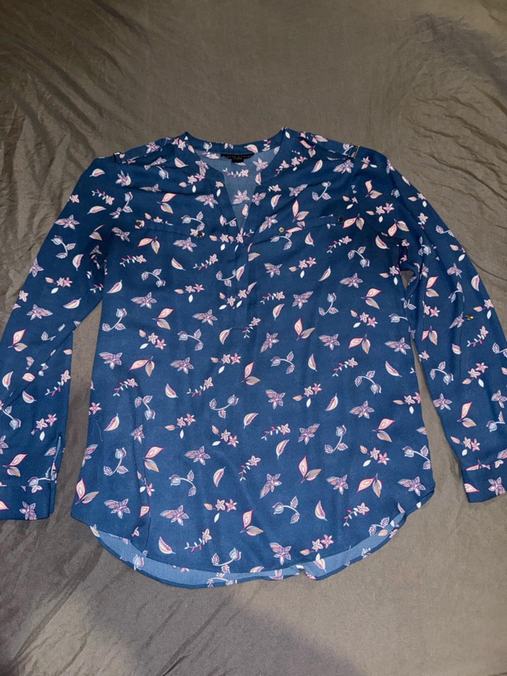Classic Navy Floral Long-Sleeve Blouse - Pink Pattern